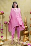 Shop_Sheela Suthar_Pink Crepe Embroidery Stripe Lotus Zardosi Asymmetric Cape And Tulip Pant Set _Online_at_Aza_Fashions