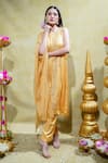 Buy_Sheela Suthar_Yellow Silk Slub Satin Embroidery Lotus Zardosi Asymmetric Kurta And Pant Set _at_Aza_Fashions