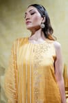 Buy_Sheela Suthar_Yellow Silk Slub Satin Embroidery Lotus Zardosi Asymmetric Kurta And Pant Set _Online_at_Aza_Fashions