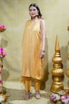 Sheela Suthar_Yellow Silk Slub Satin Embroidery Lotus Zardosi Asymmetric Kurta And Pant Set _at_Aza_Fashions