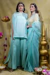 Sheela Suthar_Sky Blue Crepe Embroidery Lotus Zardosi Asymmetric Cape And Flared Pant Set _Online_at_Aza_Fashions