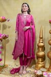 Buy_Sheela Suthar_Pink Silk Slub Satin Embroidery Stripe Lotus Pearl Asymmetric Kurta And Pant Set _at_Aza_Fashions