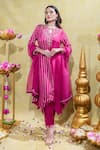 Sheela Suthar_Pink Silk Slub Satin Embroidery Stripe Lotus Pearl Asymmetric Kurta And Pant Set _Online_at_Aza_Fashions