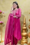 Shop_Sheela Suthar_Pink Silk Slub Satin Embroidery Stripe Lotus Pearl Asymmetric Kurta And Pant Set _Online_at_Aza_Fashions