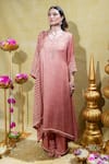 Buy_Sheela Suthar_Peach Silk Slub Satin Embroidery Lotus Zardosi Asymmetric Kurta And Dupatta Set _at_Aza_Fashions