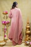 Shop_Sheela Suthar_Peach Silk Slub Satin Embroidery Lotus Zardosi Asymmetric Kurta And Dupatta Set _at_Aza_Fashions