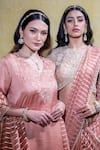 Sheela Suthar_Peach Silk Slub Satin Embroidery Lotus Zardosi Asymmetric Kurta And Dupatta Set _Online_at_Aza_Fashions