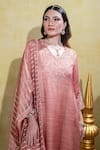 Shop_Sheela Suthar_Peach Silk Slub Satin Embroidery Lotus Zardosi Asymmetric Kurta And Dupatta Set _Online_at_Aza_Fashions