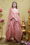 Sheela Suthar_Peach Silk Slub Satin Embroidery Lotus Zardosi Asymmetric Kurta And Dupatta Set _at_Aza_Fashions