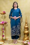 Sheela Suthar_Blue Silk Slub Satin Embroidery Tassel Lotus Zardosi Straight Kurta And Pant Set _Online_at_Aza_Fashions