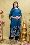 Shop_Sheela Suthar_Blue Silk Slub Satin Embroidery Tassel Lotus Zardosi Straight Kurta And Pant Set _Online_at_Aza_Fashions