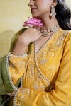 Shop_Sheela Suthar_Yellow Silk Slub Satin Embroidery Tassel Lotus Zardosi Angarkha With Dupatta _Online_at_Aza_Fashions