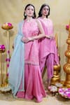 Buy_Sheela Suthar_Pink Silk Slub Satin Embroidery Tassel Lotus Zardosi Short Kurta And Gharara Set _Online_at_Aza_Fashions