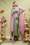 Sheela Suthar_Pink Silk Slub Satin Embroidery Zardosi Blouse Lotus Cape And Draped Skirt Set _Online_at_Aza_Fashions