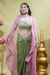 Buy_Sheela Suthar_Pink Silk Slub Satin Embroidery Zardosi Blouse Lotus Cape And Draped Skirt Set _Online_at_Aza_Fashions