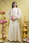 Buy_Sheela Suthar_Ivory Silk Slub Satin Embroidery Lotus Cutwork Jacket And Flared Pant Set _at_Aza_Fashions