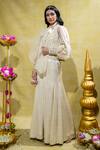 Sheela Suthar_Ivory Silk Slub Satin Embroidery Lotus Cutwork Jacket And Flared Pant Set _Online_at_Aza_Fashions