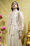 Buy_Sheela Suthar_Ivory Silk Slub Satin Embroidery Lotus Cutwork Jacket And Flared Pant Set _Online_at_Aza_Fashions