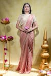 Buy_Sheela Suthar_Peach Soft Organza Embroidery Tassel Round Stripe Pre-draped Saree With Blouse _at_Aza_Fashions