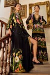 Buy_Limerick by Abirr N' Nanki_Black Crepe Embroidered Botanical Plunge V Print Gown _Online_at_Aza_Fashions