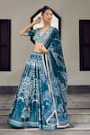 Buy_Limerick by Abirr N' Nanki_Blue Habutai Silk Embellished Bead V Neck Floral Print Lehenga Set _at_Aza_Fashions