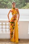 Buy_Limerick by Abirr N' Nanki_Yellow Georgette Floral Halter Viviana Detailed Pre-draped Saree With Blouse _at_Aza_Fashions