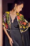 Limerick by Abirr N' Nanki_Black Crepe Printed Floral Plunge-v Agatha Embroidered Cape With Draped Dress _Online_at_Aza_Fashions