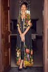 Shop_Limerick by Abirr N' Nanki_Black Crepe Printed Floral Plunge-v Agatha Embroidered Cape With Draped Dress _Online_at_Aza_Fashions