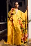 Buy_Limerick by Abirr N' Nanki_Yellow Georgette Printed Floral V-neck Aldith Kaftan _at_Aza_Fashions