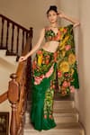 Buy_Limerick by Abirr N' Nanki_Emerald Green Crepe Printed Floral V-neck Alfreda Pre-draped Saree Set _at_Aza_Fashions