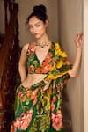 Limerick by Abirr N' Nanki_Emerald Green Crepe Printed Floral V-neck Alfreda Pre-draped Saree Set _Online_at_Aza_Fashions