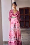 Shop_Limerick by Abirr N' Nanki_Pink Georgette Printed Architectural V-neck Bette Jumpsuit _at_Aza_Fashions