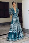 Buy_Limerick by Abirr N' Nanki_Blue Habutai Silk Printed Ethnic Floral Plunge-v Cecelia Motif Maxi Dress _at_Aza_Fashions