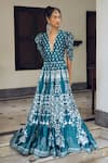 Limerick by Abirr N' Nanki_Blue Habutai Silk Printed Ethnic Floral Plunge-v Cecelia Motif Maxi Dress _Online_at_Aza_Fashions