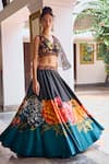 Buy_Limerick by Abirr N' Nanki_Black Habutai Silk Printed Floral V-neck Cerise Lehenga Set _at_Aza_Fashions