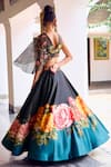 Shop_Limerick by Abirr N' Nanki_Black Habutai Silk Printed Floral V-neck Cerise Lehenga Set _at_Aza_Fashions