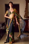 Buy_Limerick by Abirr N' Nanki_Black Georgette Printed Floral Plunge-v Charlotte Pre-draped Saree Set _at_Aza_Fashions