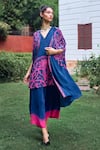 Limerick by Abirr N' Nanki_Blue Crepe Printed Ethnic Motifs Notched Lapel Evita Cape And Kurta Set _Online_at_Aza_Fashions