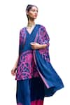 Shop_Limerick by Abirr N' Nanki_Blue Crepe Printed Ethnic Motifs Notched Lapel Evita Cape And Kurta Set _Online_at_Aza_Fashions