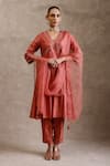 Buy_Chokhi Chorri_Pink Handwoven Silk Embroidered Beads V-neck Uttara A-line Kurta Pant Set _at_Aza_Fashions