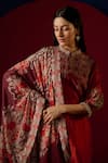 Saundh_Red Kurta Pure Silk And Cotton Printed Floral Mandarin Rei Panelled Pant Set _Online_at_Aza_Fashions