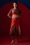 Buy_Saundh_Red Kurta Pure Silk And Cotton Printed Floral Mandarin Rei Panelled Pant Set _Online_at_Aza_Fashions