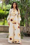 saangi by shubhangi_Yellow French Satin Printed Floral Collar Abstract Jumpsuit _Online_at_Aza_Fashions