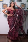 Buy_saangi by shubhangi_Brown Women Printed Leaf V-neck Organza Pre-draped Saree Set 