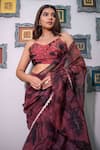 Shop_saangi by shubhangi_Brown Women Printed Leaf V-neck Organza Pre-draped Saree Set 