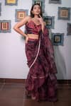 saangi by shubhangi_Brown Women Printed Leaf V-neck Organza Pre-draped Saree Set _Online