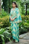 saangi by shubhangi_Green French Cape Printed Stripped Square With Draped Skirt Set _at_Aza_Fashions