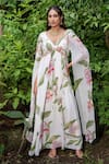 Buy_saangi by shubhangi_Green Georgette Embroidered Thread V-neck Floral Printed Flared Gown _at_Aza_Fashions