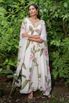 saangi by shubhangi_Green Georgette Embroidered Thread V-neck Floral Printed Flared Gown _Online_at_Aza_Fashions