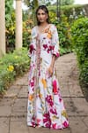 saangi by shubhangi_Multi Color French Satin Printed Floral V-neck Watercolour Kurta With Pant _Online_at_Aza_Fashions